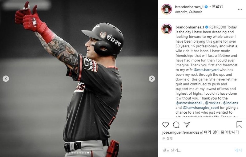 한화가 마지막 팀…반즈, SNS로 은퇴 선언