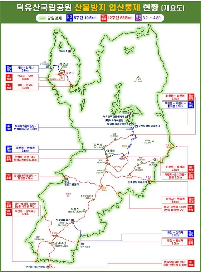 덕유산국립공원 12개 탐방로 산불방지 위해 4월 말까지 출입통제