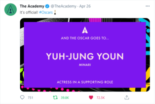 #Youn Yuh-jung trends on Twitter after the actress wins at the Academy Awards