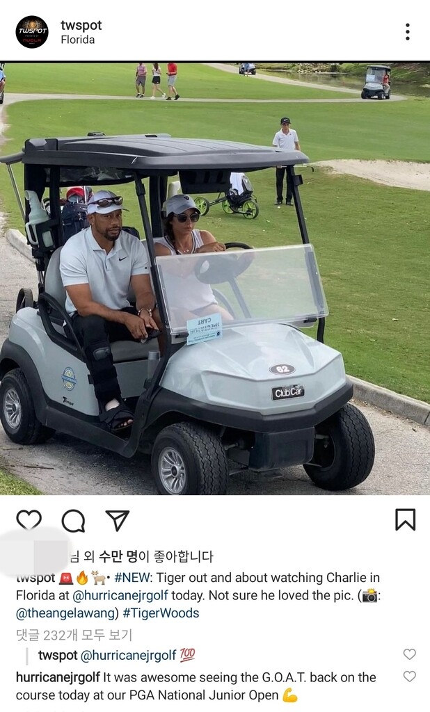 '차량 전복 사고' 우즈, 아들 대회장 방문하며 '빠른 회복세'