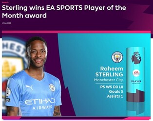 EPL Player of the Month for December goes to City's Raheem Sterling, not Son Heung-min