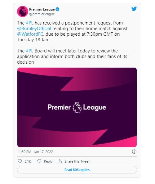 EPL 번리-왓퍼드전, 코로나19·부상 등 여파로 또 연기