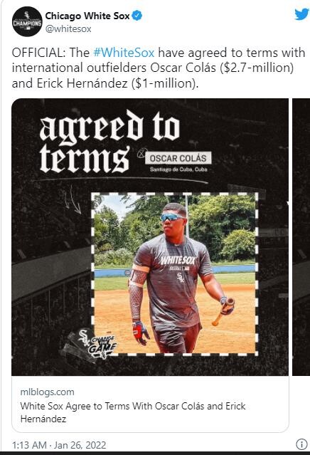 MLB 화이트삭스, 소프트뱅크 출신 쿠바 외야수 콜라스 영입