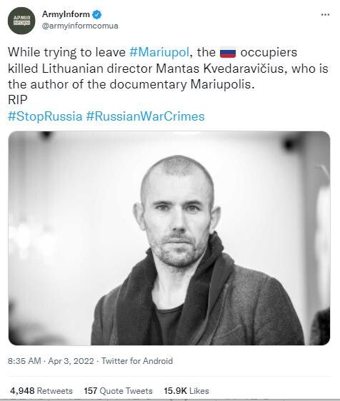 [우크라 침공] "마리우폴 조명했던 다큐감독, 러 공격에 숨져"