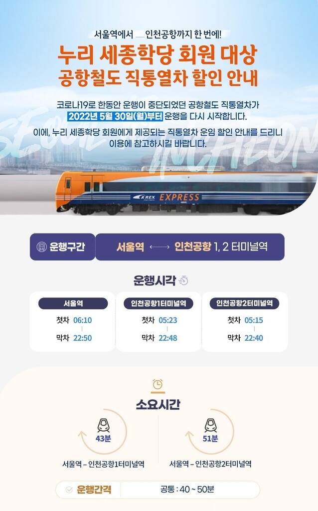 세종학당서 한국어 배우는 외국인, 공항철도 할인 혜택