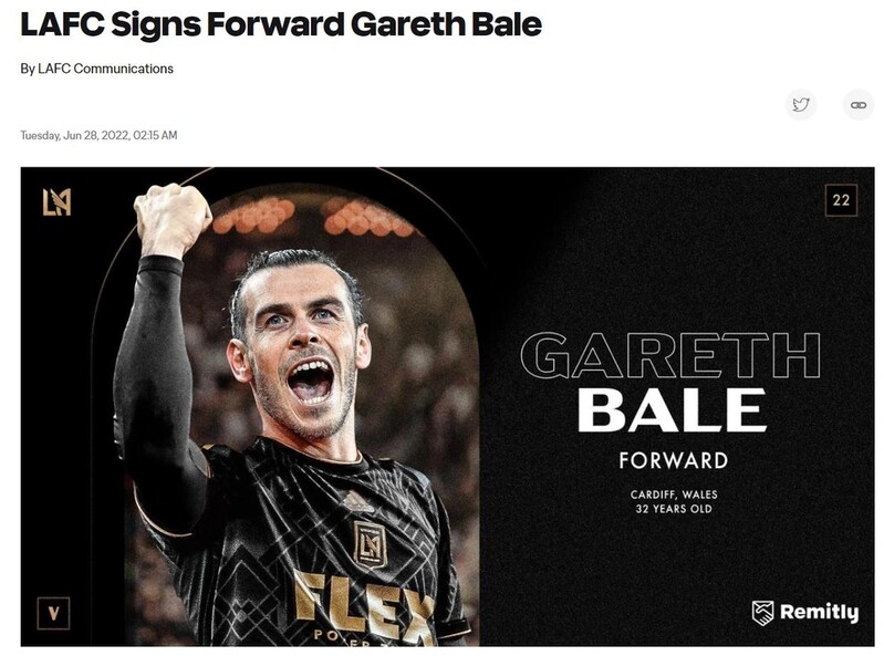 미국프로축구 LAFC, 베일 영입 공식 발표…1년＋연장 옵션