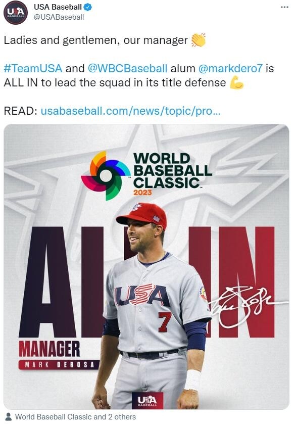 2009년 WBC 출전했던 데로사, WBC 미국 대표팀 감독 선임