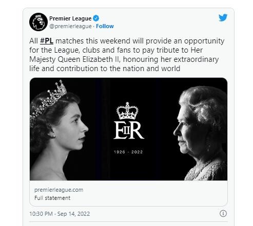 EPL 주말 경기서 엘리자베스 2세 여왕 추모 시간