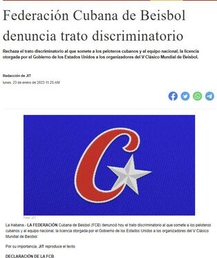 쿠바야구연맹 "미국 거주 WBC 선수들, 첫 경기 5일 전 팀 합류"