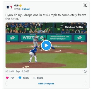 MLB닷컴 "류현진, 63마일 커브로 타자 완전히 얼려버려"