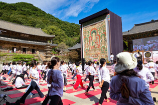 Doing yoga at temple