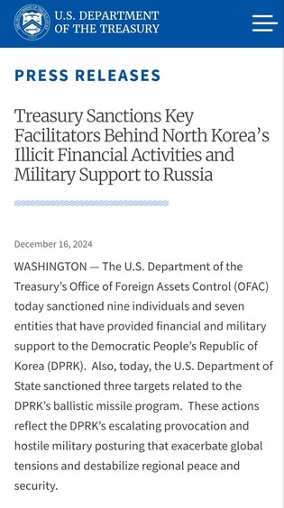 U.S. sanctions multiple people, entities for N. Korea's illicit financial activities, military support to Russia
