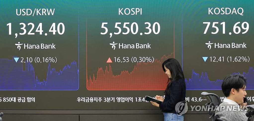 Financial data is shown on a screen in the dealing room of Hana Bank in central Seoul on Oct. 23, 2026. (Yonhap)