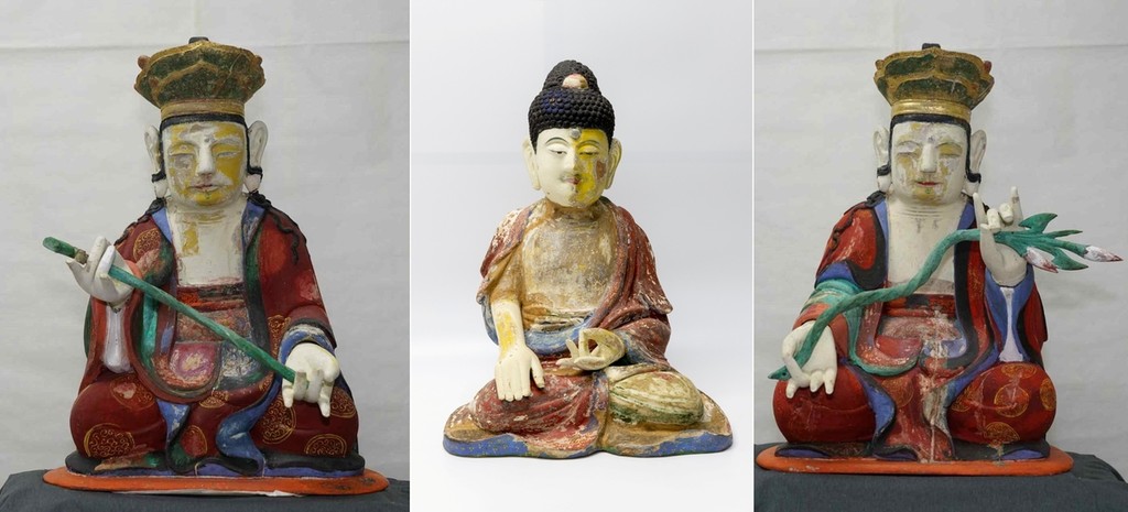 '평창 상원사 석가여래삼존좌상.16나한상 일괄 및 복장유물' 왼쪽부터 제화갈라보살좌상, 석가여래좌상, 미륵보살좌상 [국가유산청 제공. 재판매 및 DB 금지]
