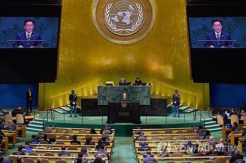 President Lee Jae Myung addresses the 81st session of the U.N. General Assembly at the U.N. headquarters in New York, in this Sept. 22, 2026, file photo. (Yonhap)