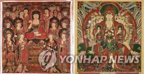 국가유산청 지정 예고…불상·전각 축소해 만든 불교 공예품 (서울=연합뉴스) 국가유산청은 '구례 천은사 금동불감'을 국보로, 9건의 유산을 보물로 지정 예고했다고 30일 밝혔다.
    사진은 1701년 제작된 불화로 화승 혜명의 화풍을 확인할 수 있는 '의성 고운사 아미타여래설법도'(왼쪽)와 42개의 손을 가진 관음보살을 그린 작품인 '의성 고운사 천수관음보살도'. 2026.10.30 [국가유산청 제공. 재판매 및 DB 금지] photo@yna.co.kr