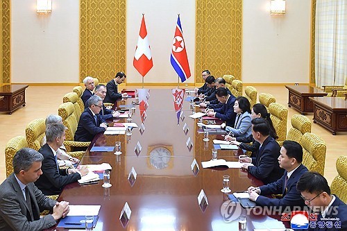 North Korean Foreign Minister Choe Son-hui (5th from R) holds talks with Swiss Foreign Minister Ignazio Cassis (4th from L) in Pyongyang on Oct. 30, 2026, in this photo released by the North's state media the following day. (For Use Only in the Republic of Korea. No Redistribution) (Yonhap)